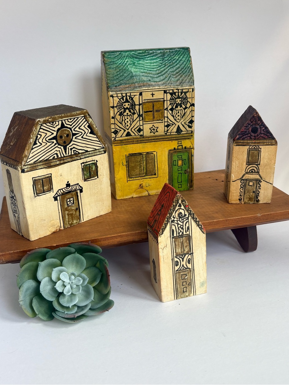 Wooden Folk Art Houses Mid-Century Modern Hand Painted by Evilo?- One of a Kind